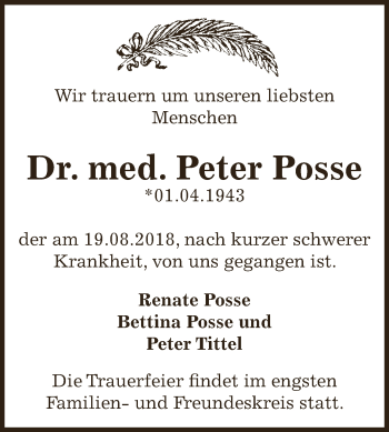 Traueranzeige von Peter Posse von WVG - Wochenspiegel Dessau / Köthen