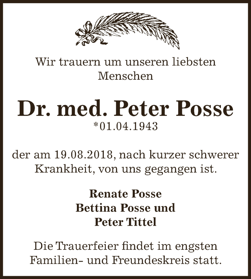  Traueranzeige für Peter Posse vom 25.08.2018 aus WVG - Wochenspiegel Dessau / Köthen