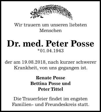Traueranzeige von Peter Posse von Mitteldeutsche Zeitung Dessau-Roßlau