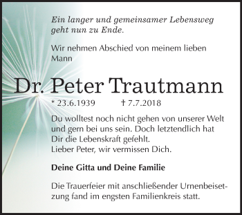 Traueranzeige von Peter Trautmann von Mitteldeutsche Zeitung