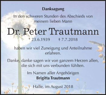 Traueranzeige von Peter Trautmann von Mitteldeutsche Zeitung Merseburg/Querfurt