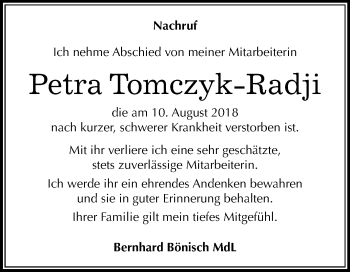 Traueranzeige von Petra Tomczyk-Radji von Mitteldeutsche Zeitung Halle/Saalkreis