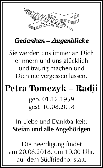 Traueranzeige von Petra Tomczyk-Radji von Mitteldeutsche Zeitung Halle/Saalkreis