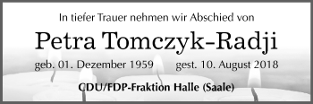 Traueranzeige von Petra Tomczyk-Radji von Mitteldeutsche Zeitung Halle/Saalkreis