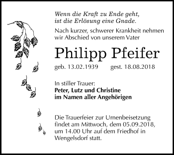 Traueranzeige von Philipp Pfeifer von Mitteldeutsche Zeitung Weißenfels