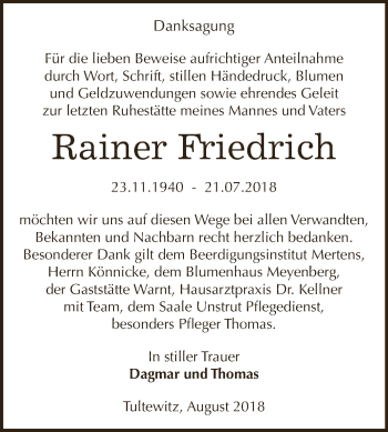 Traueranzeige von Rainer Friedrich von WVG - Wochenspiegel NMB / WSF / ZTZ