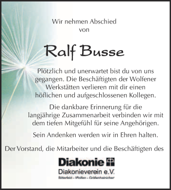 Traueranzeige von Ralf Busse von WVG - Wochenspiegel Bitterfeld