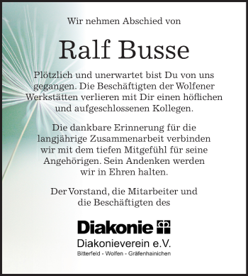 Traueranzeige von Ralf Busse von Mitteldeutsche Zeitung Bitterfeld
