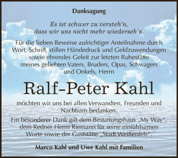 Traueranzeige von Ralf-Peter kahl von WVG - Wochenspiegel NMB / WSF / ZTZ