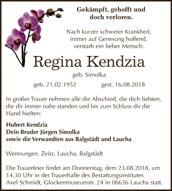 Traueranzeige von Regina Kendzia von WVG - Wochenspiegel NMB / WSF / ZTZ