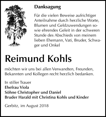 Traueranzeige von Reimund Kohls von Mitteldeutsche Zeitung Bernburg