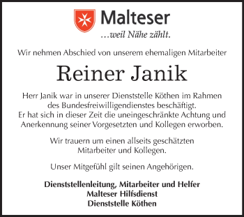 Traueranzeige von Reiner Janik von Mitteldeutsche Zeitung Köthen
