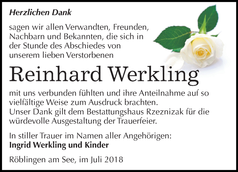  Traueranzeige für Reinhard Werkling vom 04.08.2018 aus Mitteldeutsche Zeitung