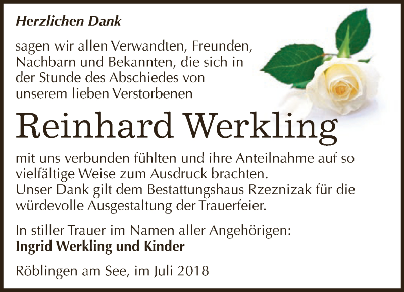  Traueranzeige für Reinhard Werkling vom 04.08.2018 aus Super Sonntag SGH Mansf. Land