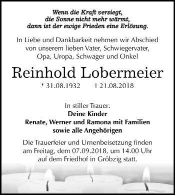 Traueranzeige von Reinhold Lobermeier von Mitteldeutsche Zeitung Köthen