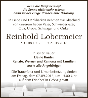 Traueranzeige von Reinhold Lobermeier von WVG - Wochenspiegel Dessau / Köthen