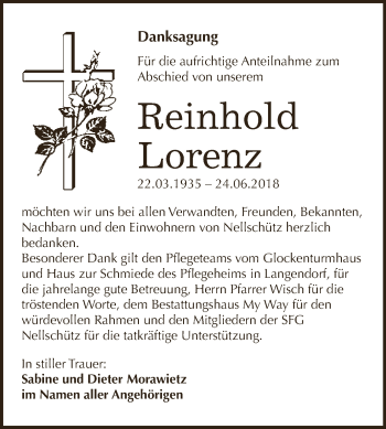 Traueranzeige von Reinhold Lorenz von WVG - Wochenspiegel NMB / WSF / ZTZ