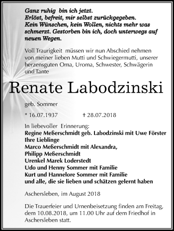 Traueranzeige von Renate Labodzinski von Mitteldeutsche Zeitung Aschersleben