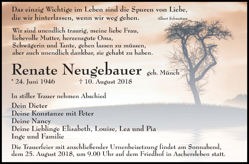  Traueranzeige für Renate Neugebauer vom 18.08.2018 aus Mitteldeutsche Zeitung Aschersleben