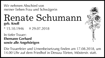 Traueranzeige von Renate Schumann von Mitteldeutsche Zeitung Dessau-Roßlau
