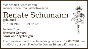 Traueranzeige von Renate Schumann von WVG - Wochenspiegel Dessau / Köthen