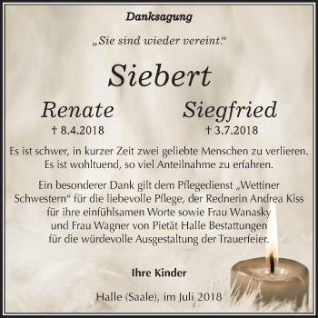 Traueranzeige von Renate und Siegfried Siebert von Mitteldeutsche Zeitung Halle/Saalkreis