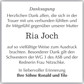 Traueranzeige von Ria Joch von WVG - Wochenspiegel Bitterfeld