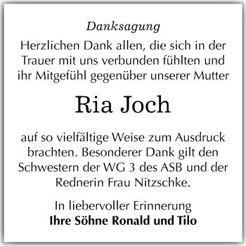 Traueranzeige von Ria Joch von Mitteldeutsche Zeitung Bitterfeld