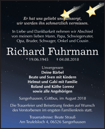 Traueranzeige von Richard Fuhrmann von Mitteldeutsche Zeitung Sangerhausen