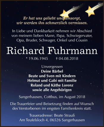 Traueranzeige von Richard Fuhrmann von Super Sonntag SGH Mansf. Land