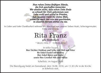 Traueranzeige von Rita Franz von Mitteldeutsche Zeitung