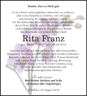 Traueranzeige von Rita Franz von Mitteldeutsche Zeitung
