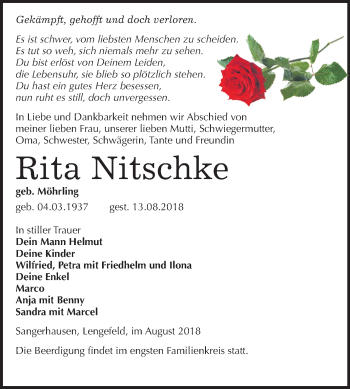 Traueranzeige von Rita Nitschke von Mitteldeutsche Zeitung Sangerhausen