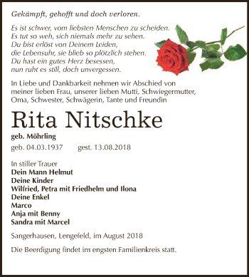 Traueranzeige von Rita Nitschke von Super Sonntag SGH Mansf. Land