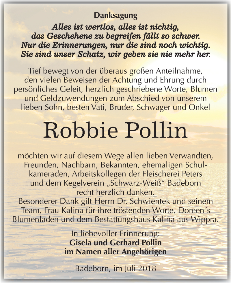  Traueranzeige für Robbie Pollin vom 04.08.2018 aus Mitteldeutsche Zeitung Quedlinburg