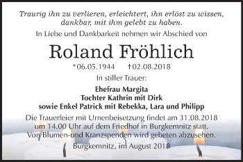 Traueranzeige von Roland Fröhlich von Mitteldeutsche Zeitung Bitterfeld