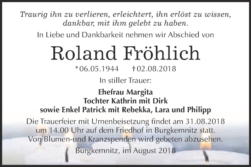  Traueranzeige für Roland Fröhlich vom 22.08.2018 aus WVG - Wochenspiegel Bitterfeld