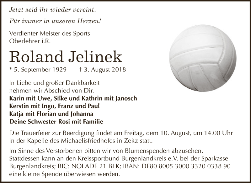  Traueranzeige für Roland Jelinek vom 08.08.2018 aus Super Sonntag Zeitz