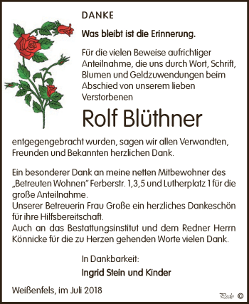 Traueranzeige von Rolf Blüthner von WVG - Wochenspiegel NMB / WSF / ZTZ