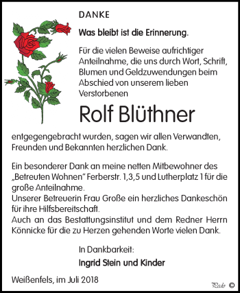 Traueranzeige von Rolf Blüthner von Mitteldeutsche Zeitung Weißenfels