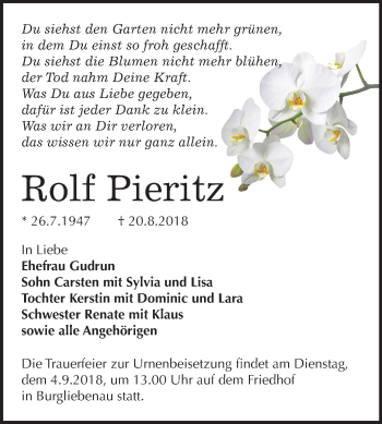 Traueranzeige von Rolf Pieritz von Mitteldeutsche Zeitung