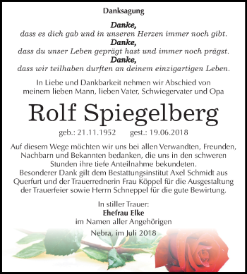 Traueranzeige von Rolf Spiegelberg von Mitteldeutsche Zeitung