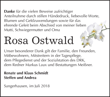 Traueranzeige von Rosa Ostwald von Mitteldeutsche Zeitung Sangerhausen