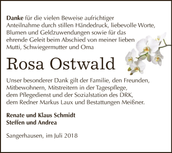 Traueranzeige von Rosa Ostwald von WVG - Wochenspiegel SGH