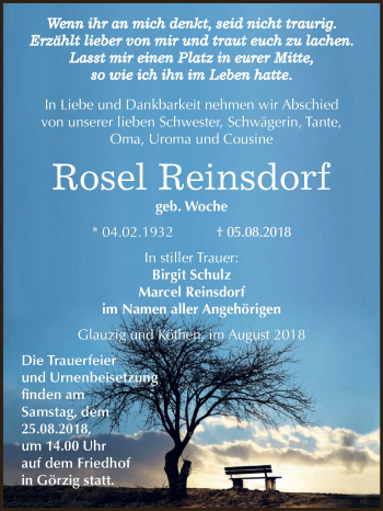 Traueranzeige von Rosel Reinsdorf von WVG - Wochenspiegel Dessau / Köthen