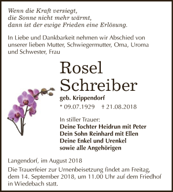 Traueranzeige von Rosel Schreiber von WVG - Wochenspiegel NMB / WSF / ZTZ