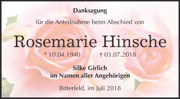 Traueranzeige von Rosemarie Hinsche von WVG - Wochenspiegel Bitterfeld
