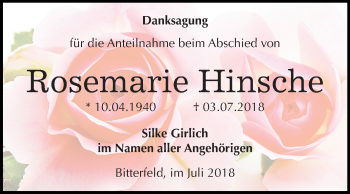 Traueranzeige von Rosemarie Hinsehe von Mitteldeutsche Zeitung Bitterfeld