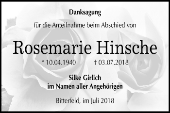 Traueranzeige von Rosemarie Hinsehe von Mitteldeutsche Zeitung Aschersleben