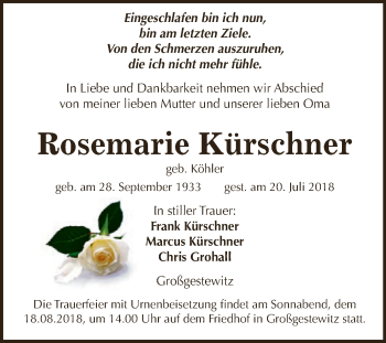 Traueranzeige von Rosemarie Kürschner von WVG - Wochenspiegel NMB / WSF / ZTZ